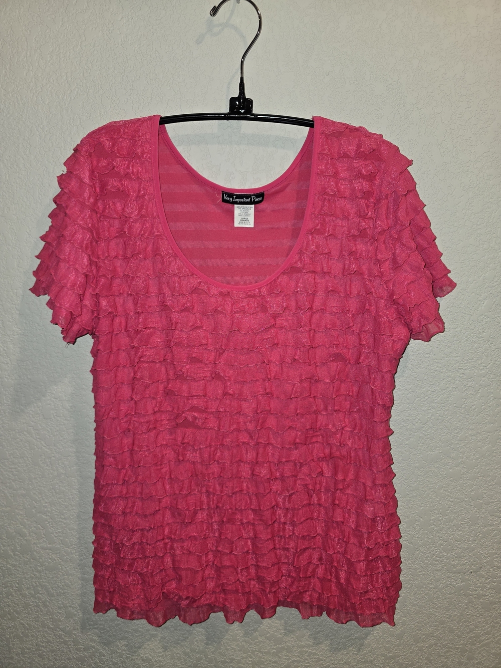 Very Important Pieces Women's Large Hot Pink Tiered Ruffle Short Sleeve Top USA